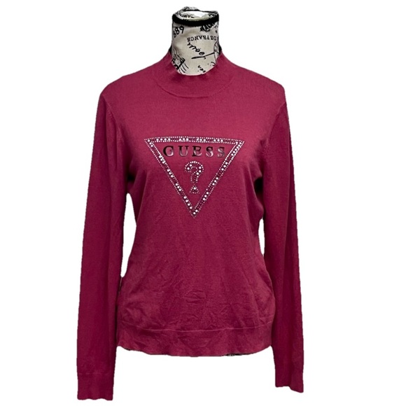 GUESS Esma Mock neck Logo Sweater Preppy Coastal Beach Boho Pink XL Beaded pearl - Picture 1 of 11